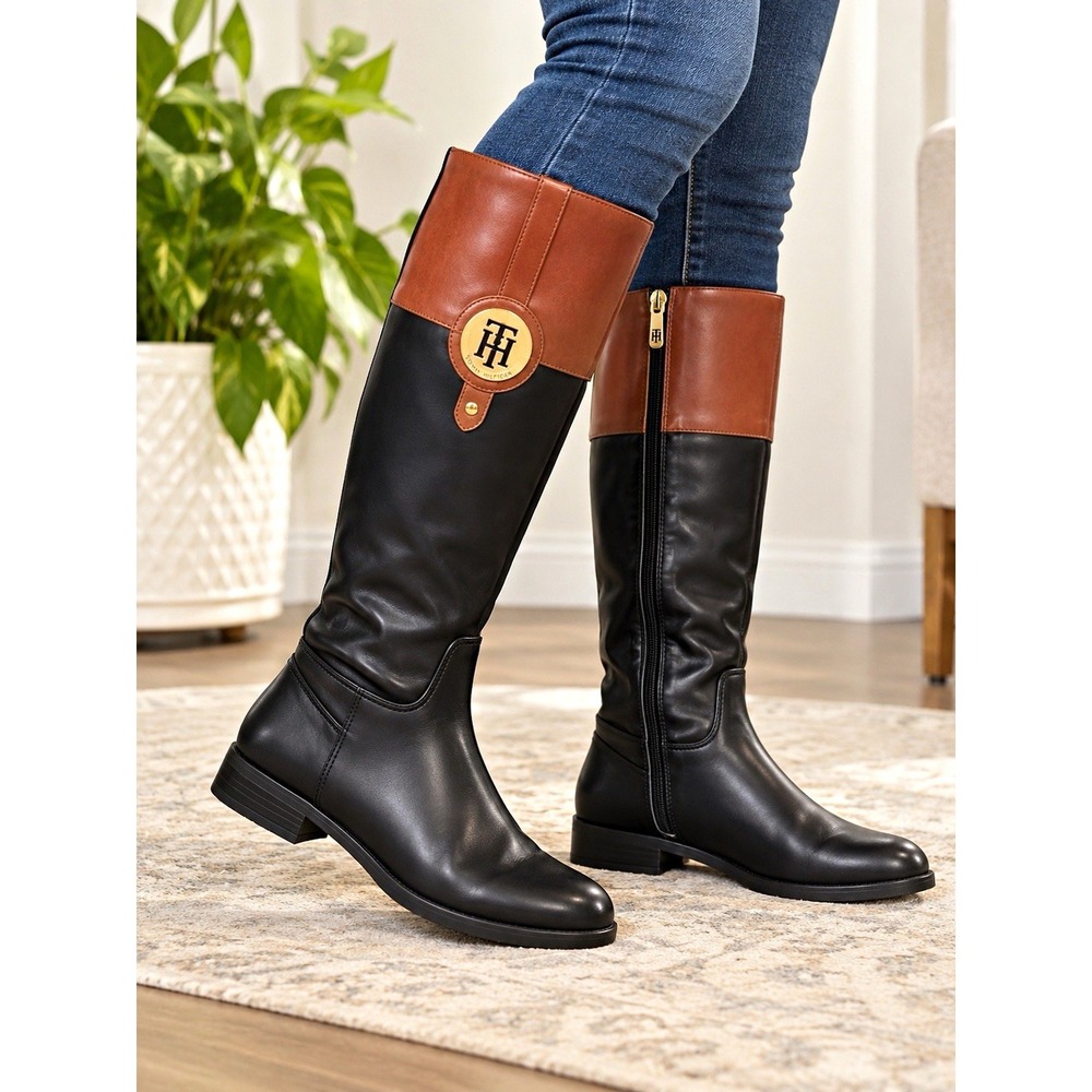 Tommy Hilfiger TWIYANE-R Women’s Knee High Riding Boots Black/Brown Zip 8M